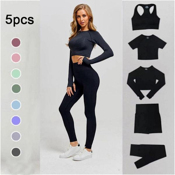 Yoga Set Träningskläder Crop Top Hög Midja Leggings Sportkläder För Kvinnor 5pcsSetBlue L