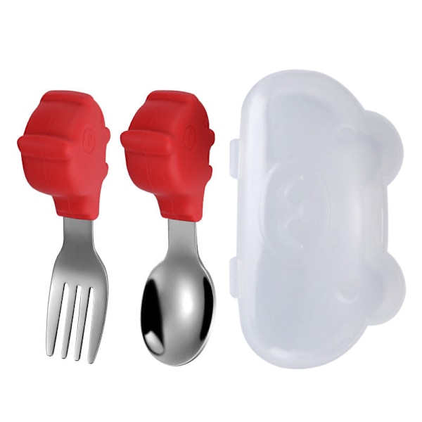 Vauvan haarukka ja lusikka integroidulla silikageelikiinnikkeellä taaperon ruokailuun tarkoitettu lautanen lasten astiasto Straight spork-transparent boxed-Red