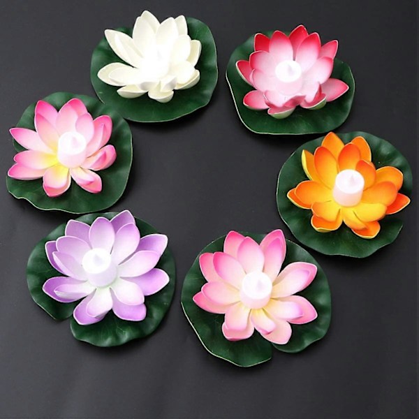 6 st Flytande Blommor LED Ljus Konstgjorda Näckrosor Lotus 18CM Önskelykta Trädgård Damm Pool Påsk Festival Party Dekoration (Blandad Färg)