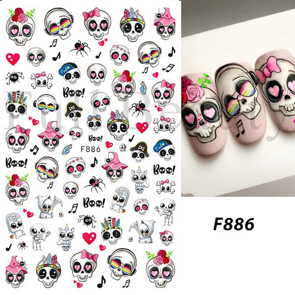Söta Tecknade Dödskalle Nagelstickers Läskig Halloween Dekoration Spöke Fladdermus Ond Pumpa Sliders För Manikyr Blod Nageldekaler GLF886 F892
