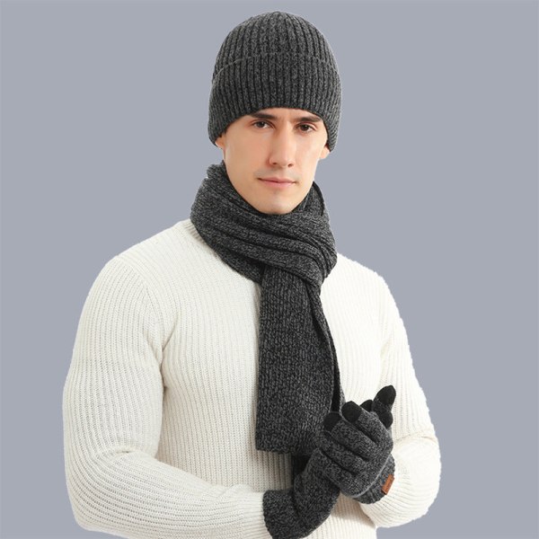 Höst- och vintervarm kostym blandad färg stickad ull förtjockad hatt halsduk handskar Heather Gray