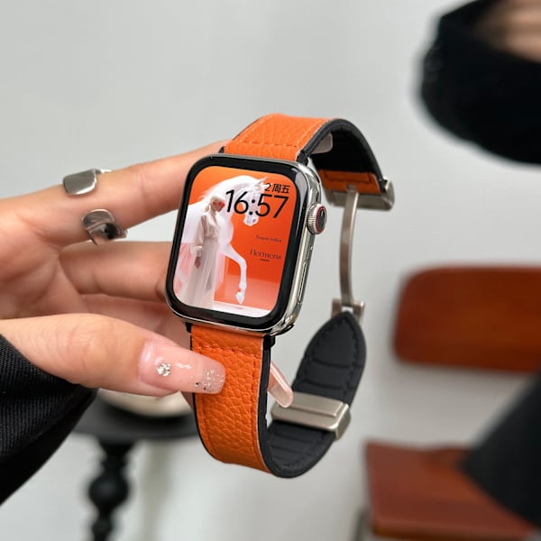 Klockarmband för Apple Watch iWatch 22mm enkelrem läder litchimönster TPE silver magnetiskt spänne bred version - ljusorange