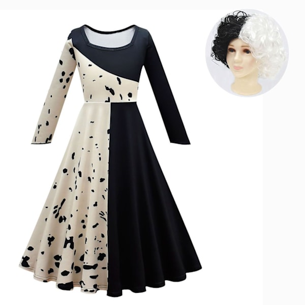 Elokuva Cruella De Vil Cosplay Asut Lasten Puku Mustavalkoinen Piikatytön Mekko Halloween Juhlapuku Viitalla Peruukilla 805893-piece set 02 110