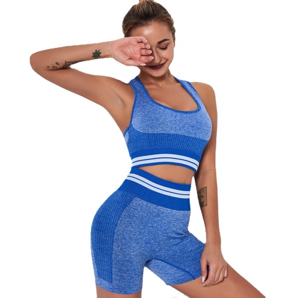 Europeiska och amerikanska sömlösa stickade yogakläder Träningsoutfit Snabbtorkande randiga bh-shorts yogadräkt kvinnor 6302 bra shorts set-Blue L