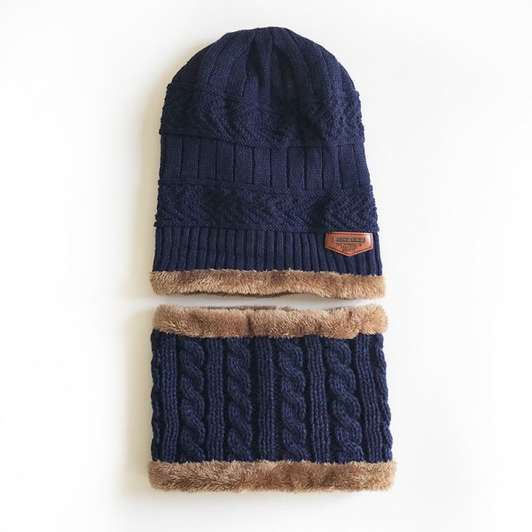 Cat Brother koreansk höst och vinter stickad cap för män Fleecefodrad förtjockad tröja [Hattscarf] Tvådelat set Navy blue