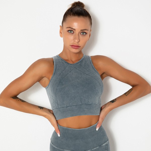 Sömlösa tvättade yogakläder Sport löpning Fitness byxor Tight High elastisk långärmad yoga tredelad kostym vest-washed gray L