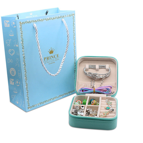 Nyt Børne DIY Armbånd Store Hul Perler Enhjørning Sæt Slangeben Armbånd 3 Halskæder Blue gift set