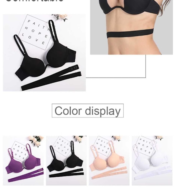 Push Up Bralette Topp BH Undertøy Dame Dyp U Ultra Lav Ryggløs Bryst Multi-bruk Brudekjole Åpen Rygg Enkel BH Black 80B
