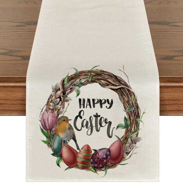 Söt Naturlig Jute Säckväv Påskhare blomma ägg ko tryckt Bordslöpare bordsflagga tygduk överdrag duk fest heminredning rectangle 33X200CM white 15