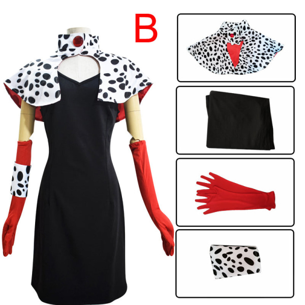 Cruella De Vil Cosplay Kostume Kjoler 101 Dalmatians med Kappe Outfits Halloween Karneval Suit til Kvinder Piger B M