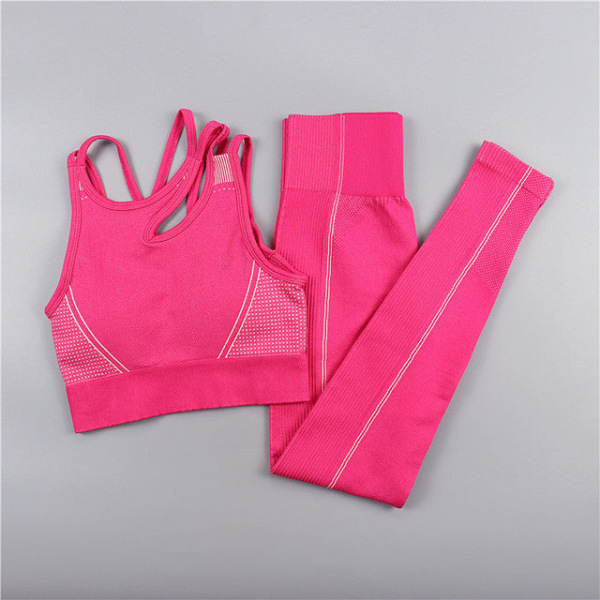 Set Crop Top BH Shorts Leggings Träningsoutfit Active Fitness Gym Wear Pink Long Set L