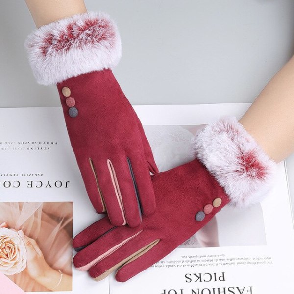 Fashionable dame vinter varme ruskind læder touch screen handske kvinde imiteret kaninpels broderi plus fløjl tykke kørehandsker H92 I67 Red One Size