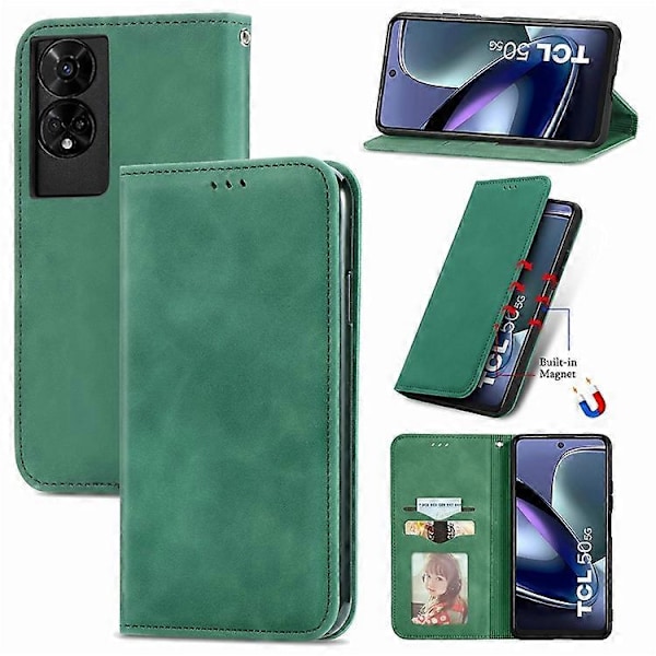 Yhteensopiva TCL 50 5G -kotelon kanssa, ihon tuntuinen nahkainen korttipidike, puhelimen suojus magneettisella imulla Green