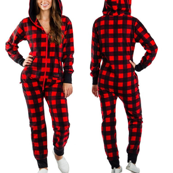 Jul-pyjamas i ett stycke för damer med huva, tomtemönster, mysiga vuxenoveraller, festliga hemmakläder Grid M
