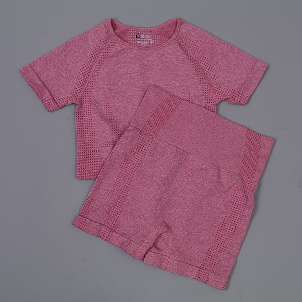 Joogasetti Urheilupuku Treenausvaatteet Lyhythihainen Crop Top Joogashortsit Naisille wine red set L
