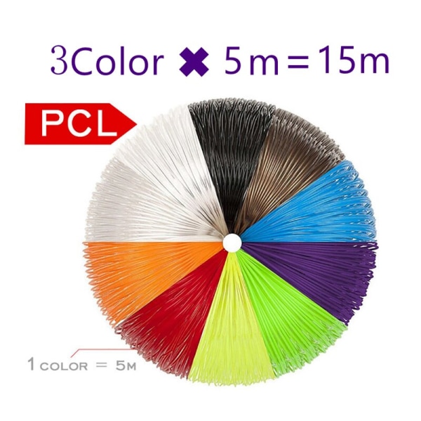 PCL Filament Til 3D Pen Filament Diameter 1.75mm 100M Plast Filament til 3D Printer Pen Børnesikker Refill PCL 15M 3Color