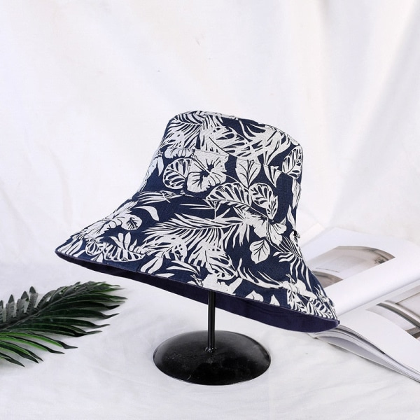 K34 Damhatt Bucket hat Mode Panama Anti-UV Sommarhatt Stor brättad hatt Dubbelsidig fiskarehatt Solskydd Solskydd K34-Navy-leaf 56-58CM