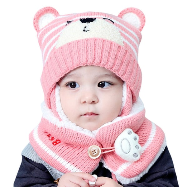 Unisex Barn Tecknad Björn Randiga Mössor och Halsduk Baby Mössa Set Flicka Pojke Mössa Halsduk Set Barn Vinter Öronmuffar Mössa Halsduk Varmt Set Pink Hat Girth 46-50cm