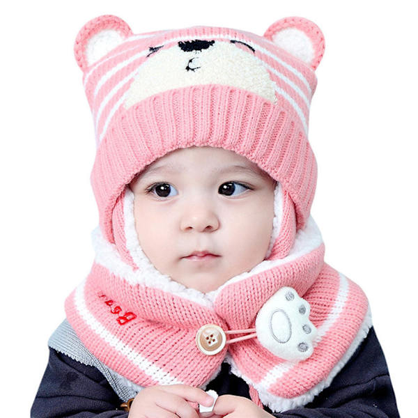Unisex Barn Tecknad Björn Randiga Mössor och Halsduk Baby Mössa Set Flicka Pojke Mössa Halsduk Set Barn Vinter Öronmuffar Mössa Halsduk Varmt Set Red Hat Girth 46-50cm