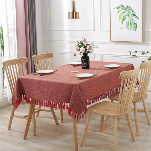 Enfärgad bordsduk med tofsar, rektangulär kaffebordsduk, hushållsbordsdukar i bomull och linne, bordslöpare Red 85x 85cm (300g)