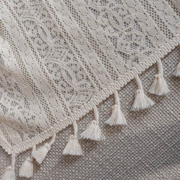 Hul Blondegardin Beige Geometrisk Blomst Stue Soveværelse Gardiner Beige Clover tassel curtain rod 150 width * 240CM height
