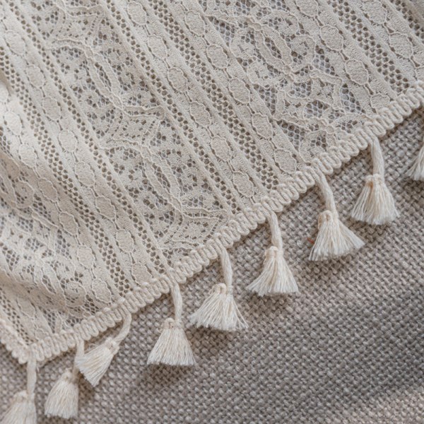 Ihålig spetsgardin Beige Geometrisk Blomma Vardagsrum Sovrumsgardin Beige Clover tassel curtain rod 150 width * 240CM height