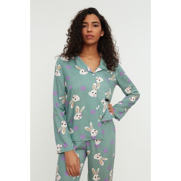 Kanin Printet Vævet Pyjamassæt THMAW21PT0048 Turquoise 44