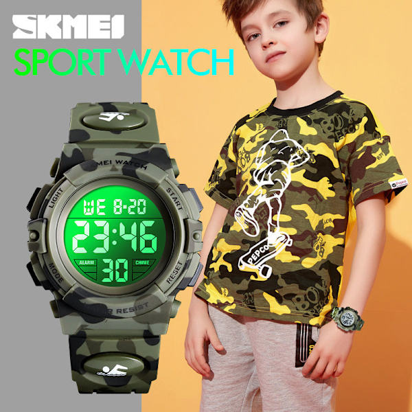 Skmei Barnklocka Färgglad LED Hushåll Sport Barns Elektroniska Klocka Deep blue camouflage
