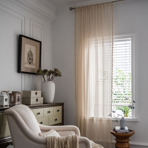 Gardin Amerikansk Stil Heklet Hul Dusk Mørkleggende Soverom Kjøkken Stue Vindusgardiner for Hjemmedekorasjon Beige W150xH280cm