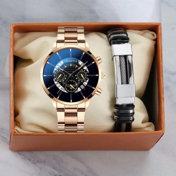 Fashion Fashion Business Elegant brittisk stil stålbälte kvarts watch och armband set Black