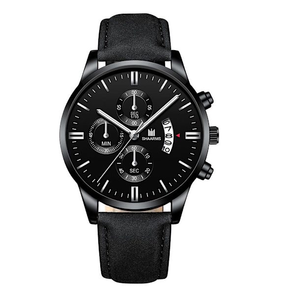 Herrklocka Fake Three-Eye Mode Kalender Bälte Quartz Klocka Herr Black rose
