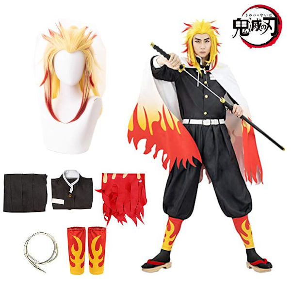 Demon Slayer Rengoku Kyoujurou Cosplay Kostym Kimetsu No Yaiba Kimono Uniform Peruk Halloween Kostymer för Kvinnor Män Barn only wig One Size