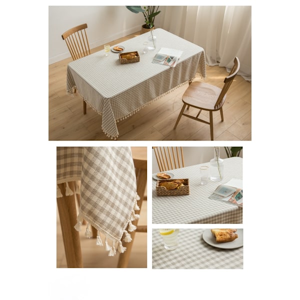 Rutig Bordsduk med Tofsar Rektangulär Liten Fräsch Bomull och Linne Spets Light coffee 135*220cm