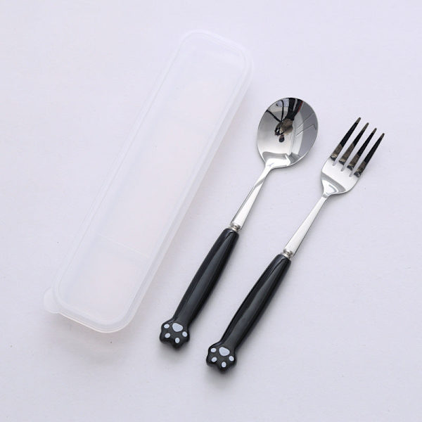 Kissankäpälä Astiasto Keraaminen Ruostumaton Teräs Astiasto Syömäpuikot Lusikka Haarukka Kannettava Astiasto Black Cat's Paw spoon Fork