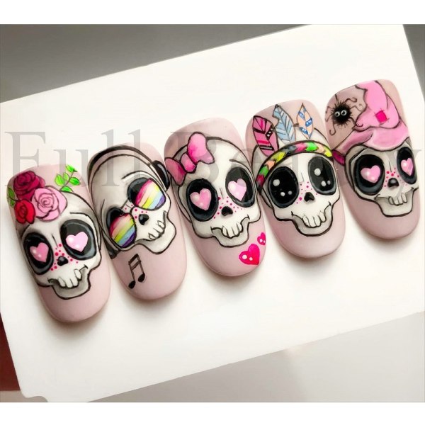 Söt tecknad skalle Nagelklistermärken Spöklik Halloween-dekoration Ghost Bat Evil Pumpa Sliders för manikyr Blodnageldekal GLF886 F889