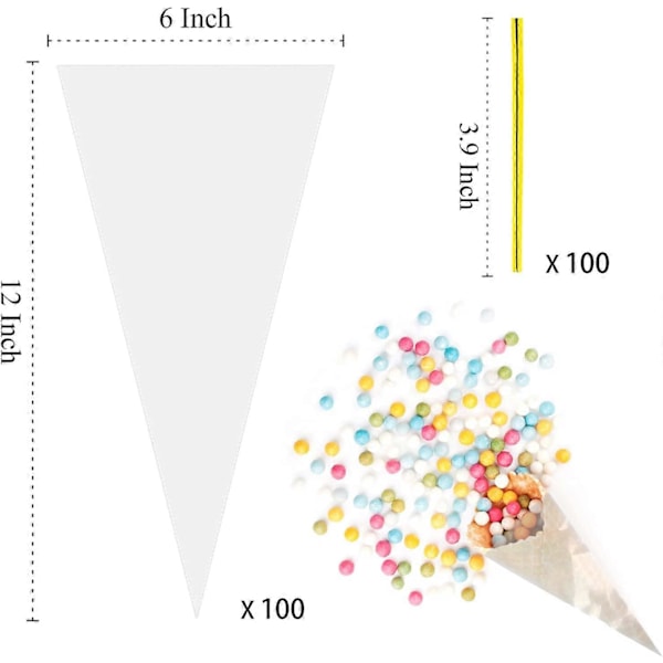 100 stk. kræmmerhusposer Cellofan kræmmerhusposer med 100 twist ties, trekantposer til popcorn slik (6\" X 12\")