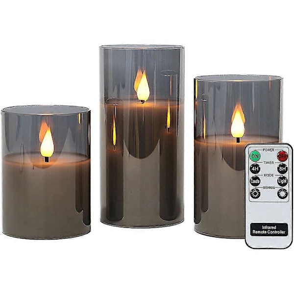 Grå flamlösa ljus i glas, 3 glaslyktor med fjärrkontroll och timerfunktion, varmvitt ljus med batterier inkluderade