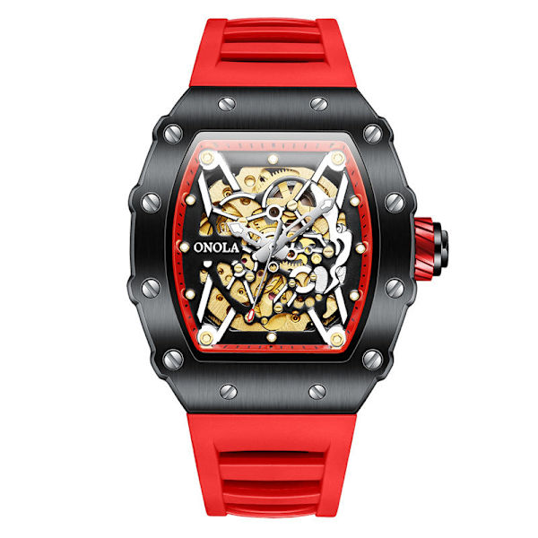Automatisk Mekanisk Klocka Herr Silikonarmband Mode Vattentät Sportklocka Herr Black and Red