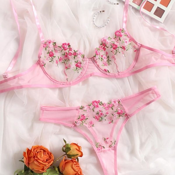 Aduloty Sexiga underkläder för kvinnor Bygel BH Set Sommar Ny Mesh Perspektiv Blommig Spets Broderi Erotiska Underkläder Pink XL