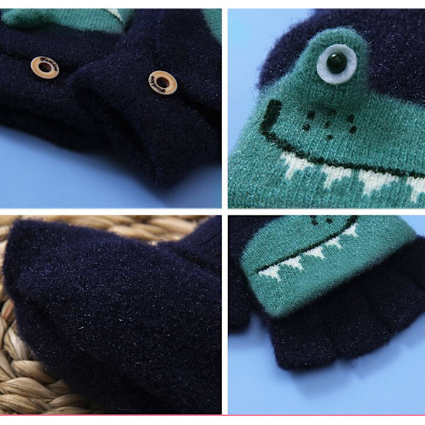 Småbørn Vinter Strikkede Fingerløse Tegneserie Handsker Tykke Varme Udendørs Skrive Konvertible Flip Top Halv Finger Vanter 6-10 År Navy Dino