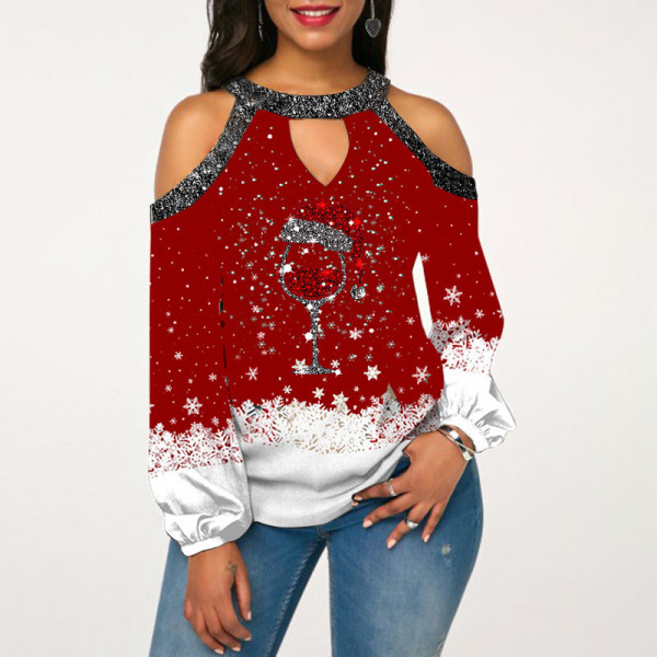 Christmas Outfit Damkläder Bright Crystal Patchwork Cold-Soulder Julkläder Christmas wine glass XXL