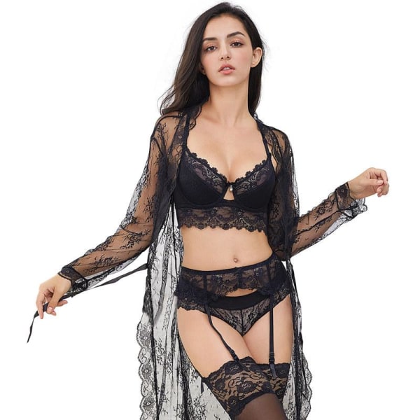Varsbaby Seksikäs Aamutakki+Rintaliivit+Pikkuhousut+Sukat+Stringit+Sukkanauhaliivi 6 Osainen Naisten Black 32D