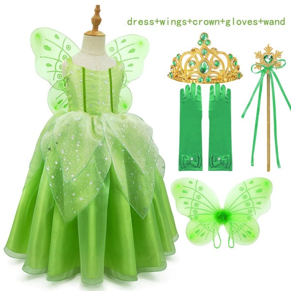 Tyttö Kukka Keiju Tinker Bell Prinsessa Siivillä Korut Mekot Puku Tinkerbell Prinsessa Mekko Syntymäpäiväjuhlat Lasten Pukeutumisvaatteet 130(size 8-9T) Tinker Bell Sets