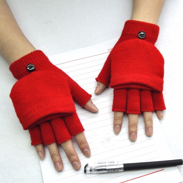 2020 Vinter Varma Tjocka Ullhandskar Stickade Flip Fingerlösa Exponerade Finger Tjocka Handskar Utan Fingrar Vantar Dam B-Red One size