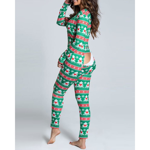 Seksikäs pyjama naisille, jouluinen pyjama, uuden vuoden haalari, yöasu, napitettava edestä ja takaa, takapuoli auki, joulupainatuksella varustettu oloasuhaalari Blue S