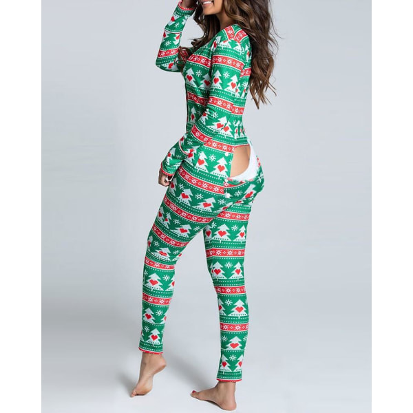 Sexig Pyjamas för kvinnor Julpyjamas Nyårs Jumpsuit Sovkläder Button-down Fram Bak Rumpa Rumpa Öppen Ass Flap Jumpsuit Print Loungewear Pink M