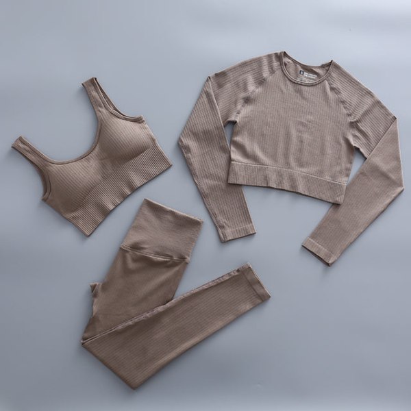 Set Kvinnor Gym Kläder Kvinnliga Yogabyxor med hög midja Träningsoverall Kvinnor Fitness Kläder 3 Pcs Set Khaki S