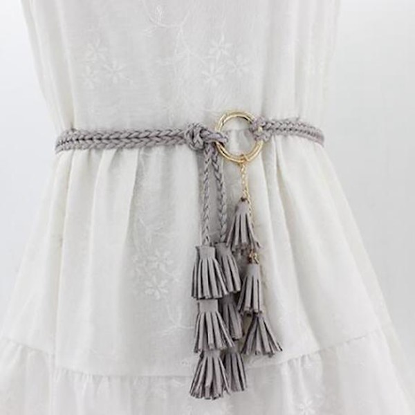 Fashionable kvinder ensfarvet flettet kvastbælte Boho piger tynde taljereb strikkede bælter til kjole taljebånd tilbehør Gray One Size