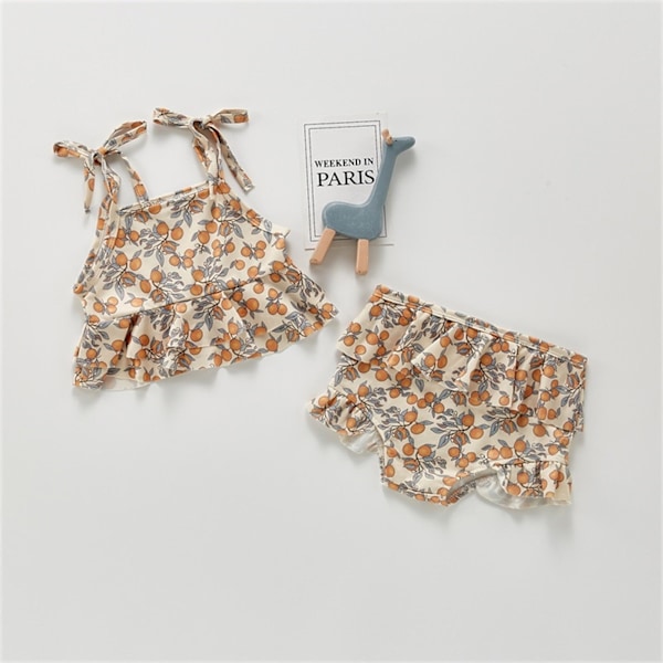 Småbørn Baby Piger Badetøj Dejlig Sommer Blomster-/Citronprint Tanktoppe + Shorts Badedragt Børn Sød 2-delt Badedragt Auburn 3-6 Months