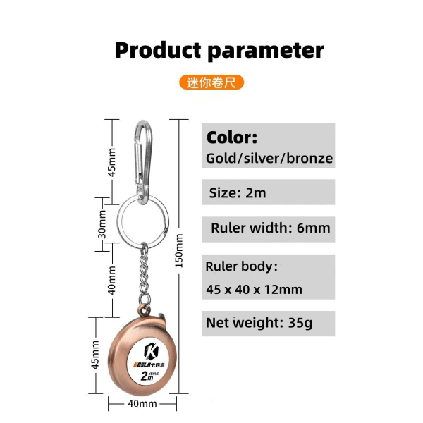 Mininyckelring Måttband 2m Stålmåttband Delikat liten stållinjal Multifunktionsstål Måttband Presentlinjal Gold